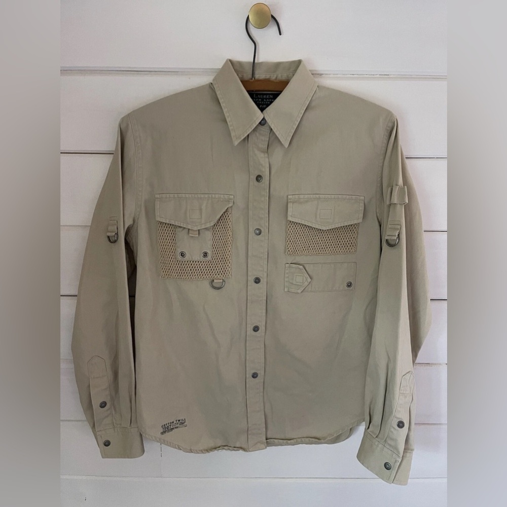 LAUREN RALPH LAUREN SAFARI OUTFITTERS SNAP FRONT SHIRT Khaki PETITE P/P Roll Tab